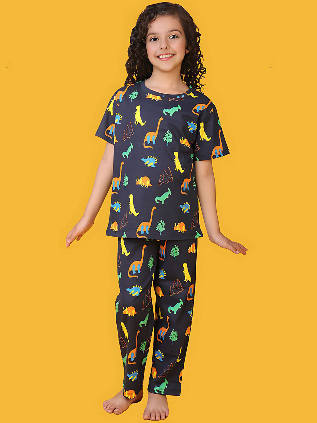 YK Girls Conversational Dinosaur Printed Round Neck Pure Cotton Night suit