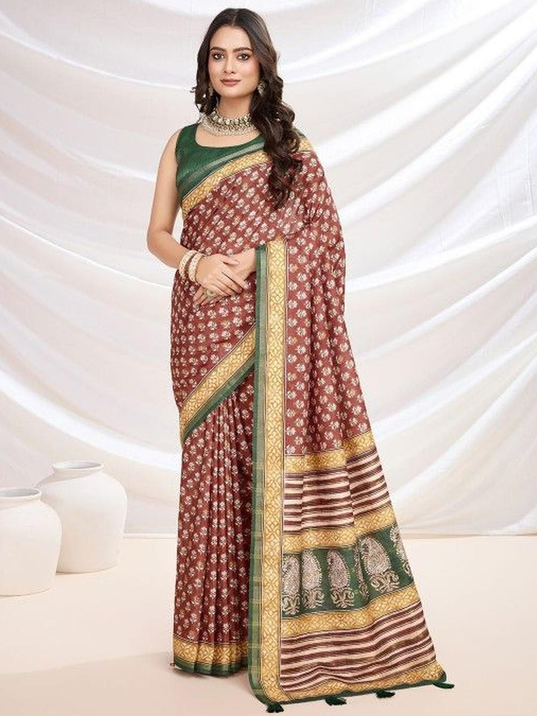 KARAGIRI Red Cotton Blend Festive Wear Saree With Blouse Piece