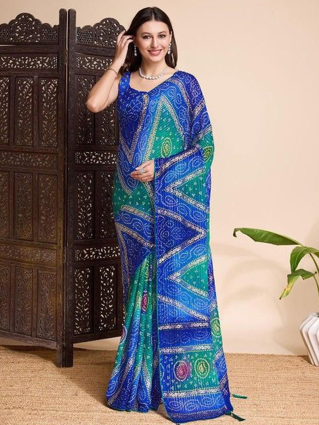 KARAGIRI Bandhani Printed Poly Chiffon Weightless Saree With Blouse Piece