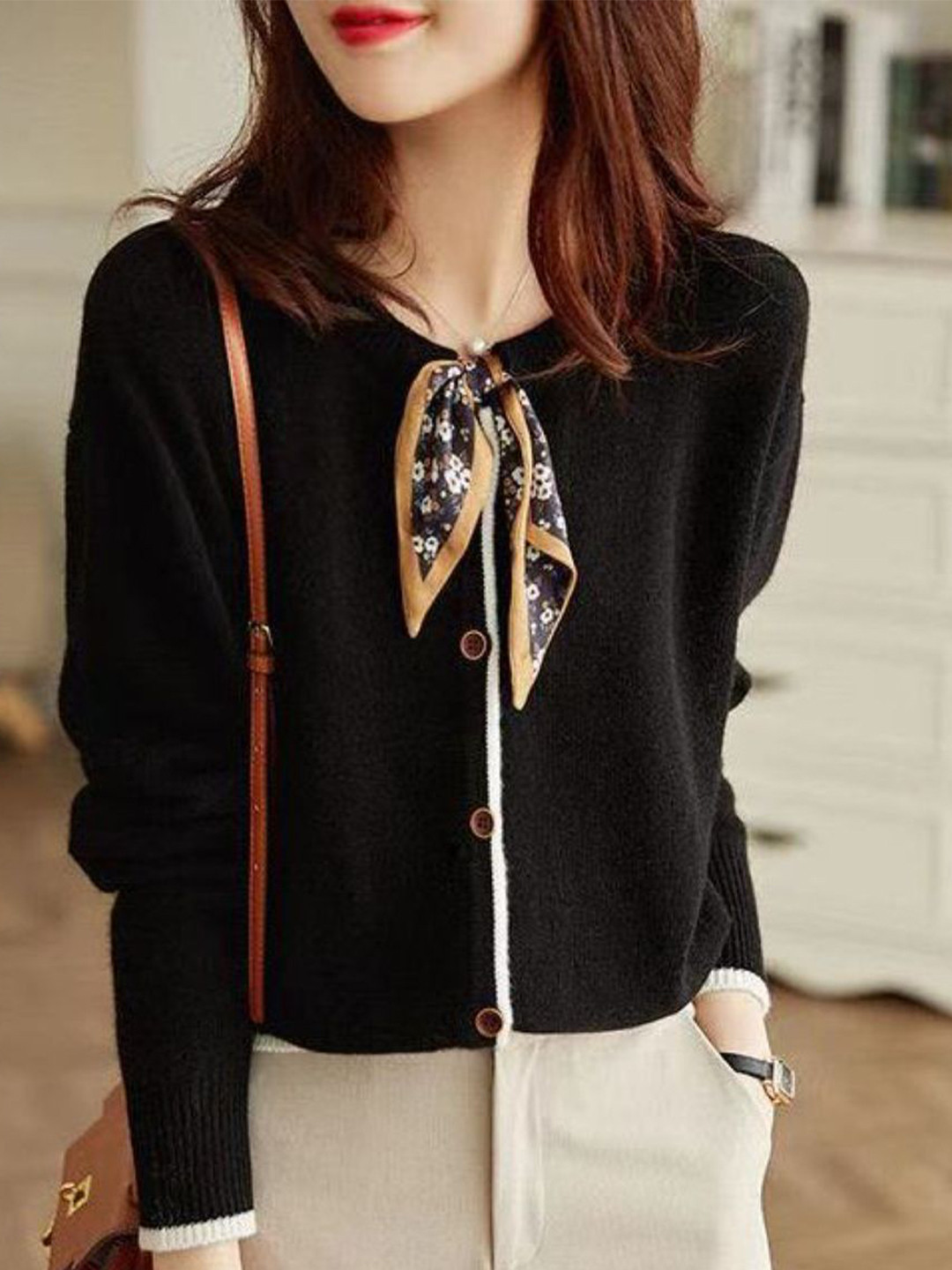 StyleCast Women Round Neck Contrast Trim Cardigan Sweater