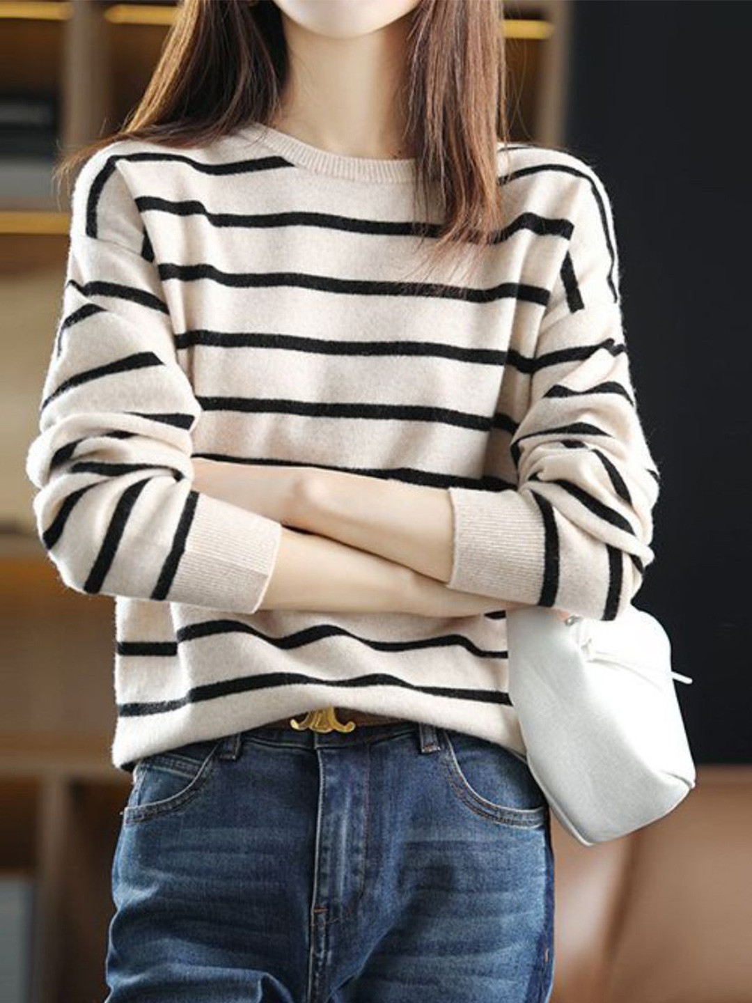 StyleCast Women Striped Crew Neck Pullover Sweaters