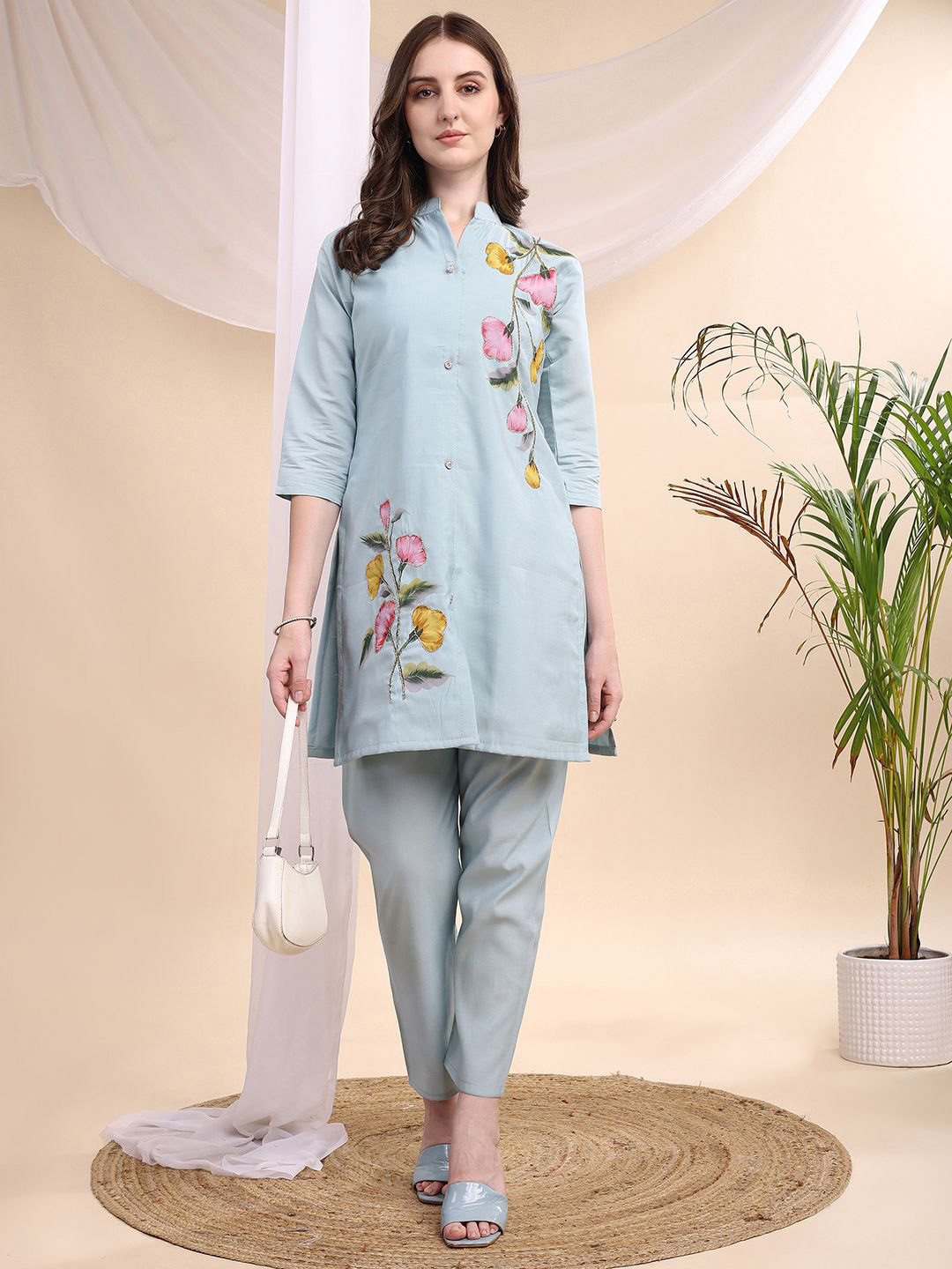 KALINI Floral Painted & Beads Embroidered Tunic & Trousers Co-Ord Set