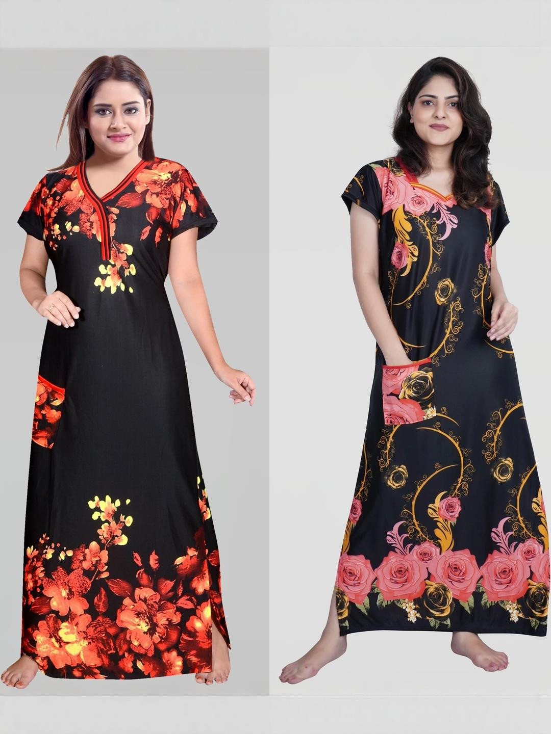 PURSA Women Black Set of 2 Floral Print Short Sleeves Nighty
