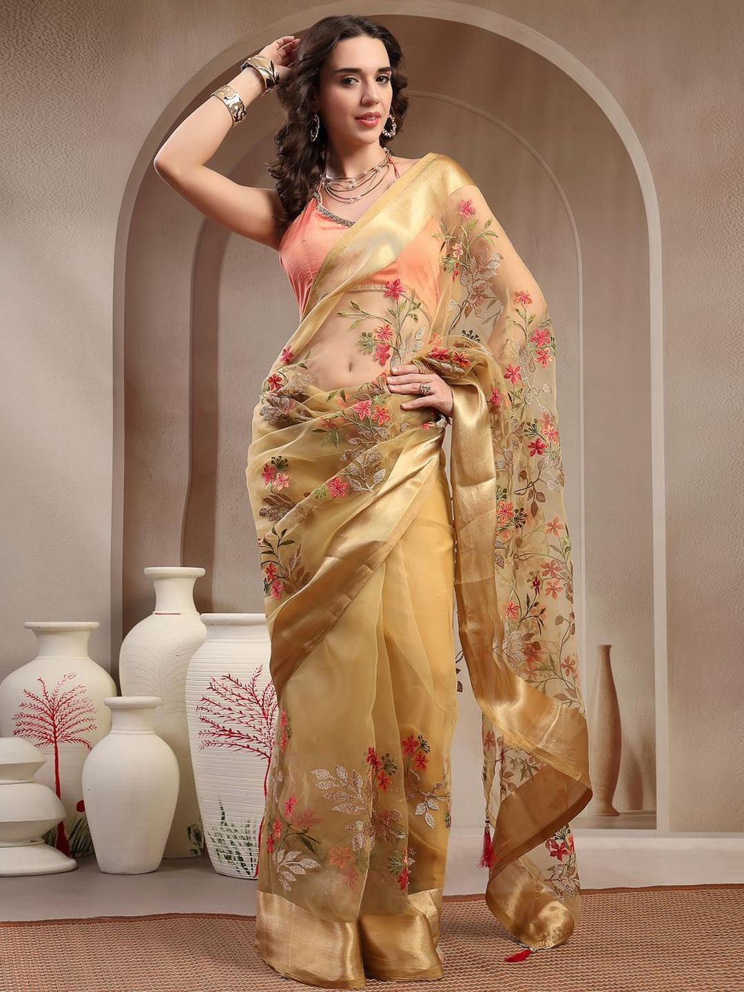 Stylum Floral Embroidered Zari Border Supernet Saree With Unstitched Blouse