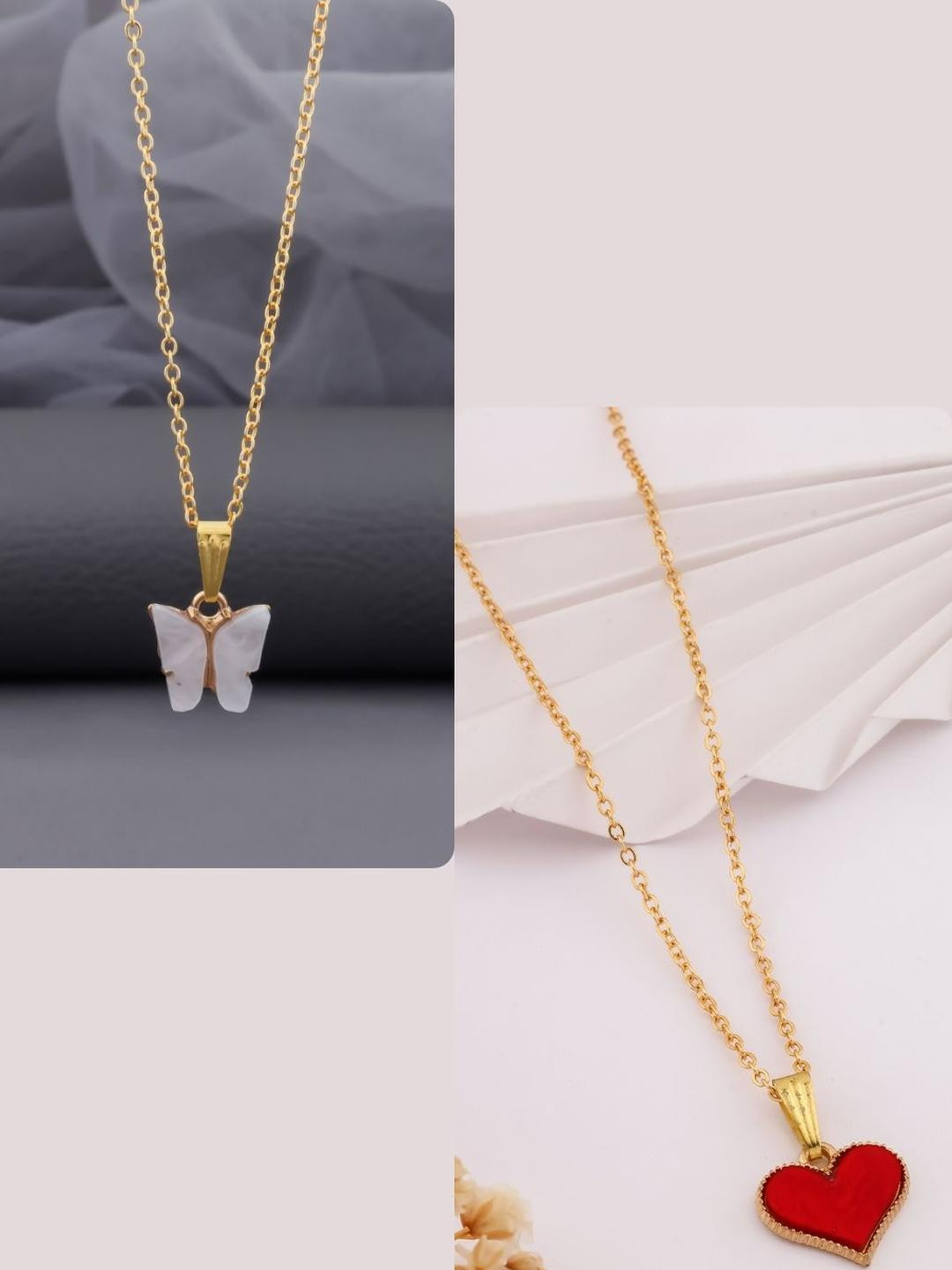 DressBerry Women Set Of 2 Red & White Brass Gold-Plated Butterfly & Heart Charm Chains