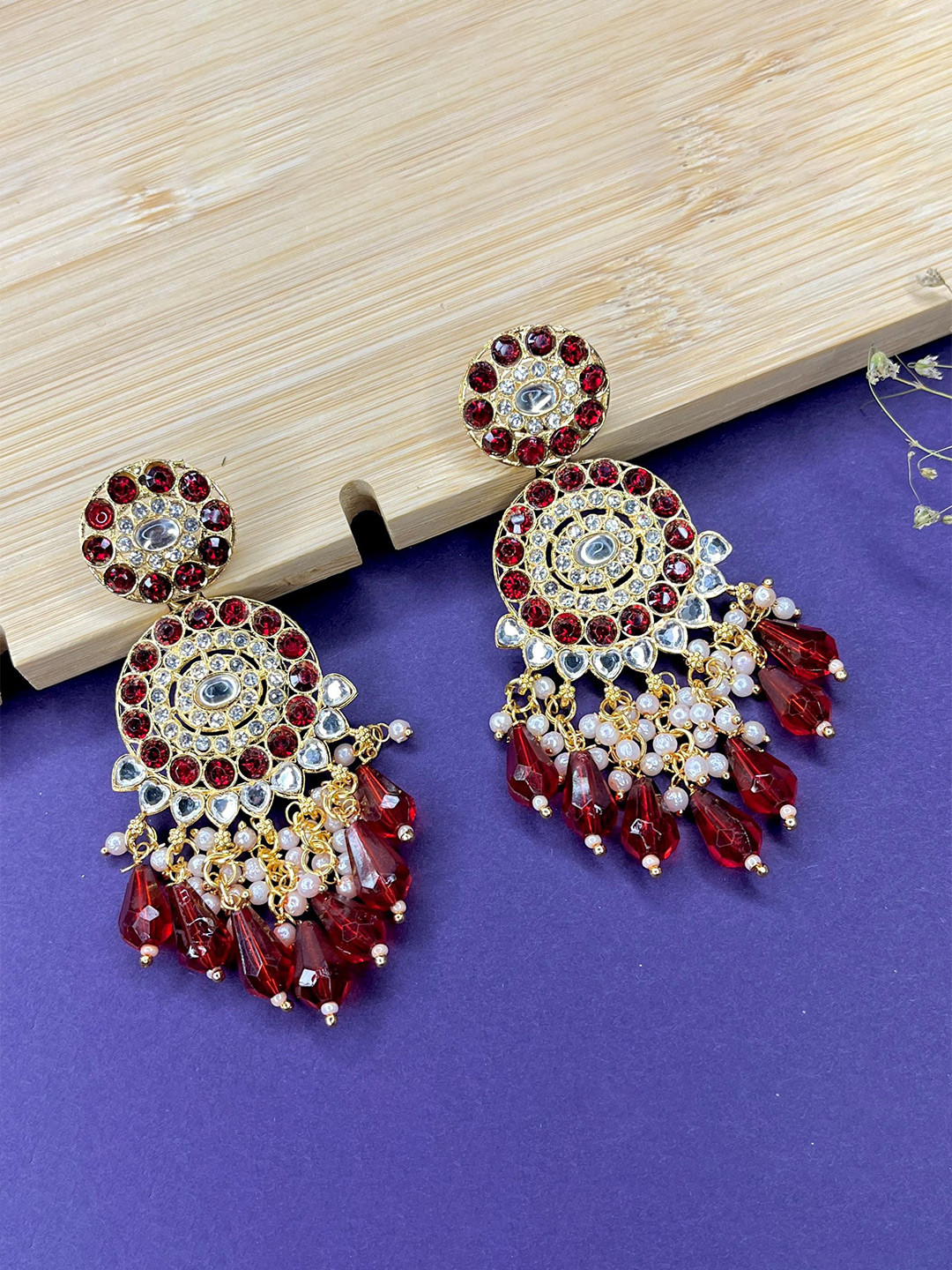 Glamgem Gold Plated Stones Studded And Pearls Beaded Circular Shaped Drop Earrings