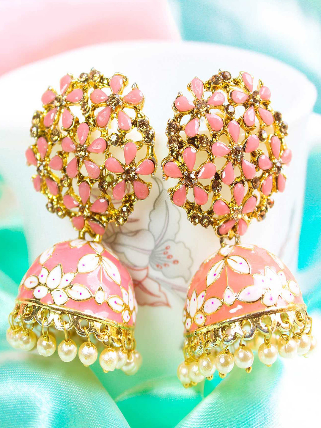 Glamgem Gold-Plated Artificial Stones Studded And Pearls Beaded Dome Shaped Jhumkas
