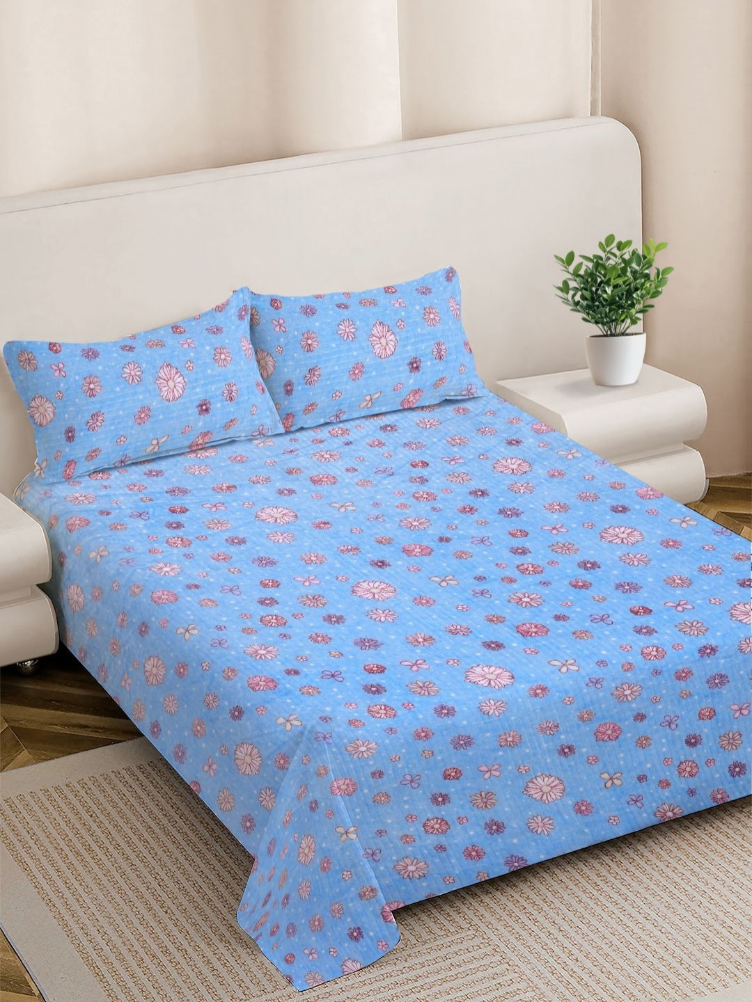 FABINALIV Blue & Peach-Coloured Floral Woollen 300TC Double King Bedsheet Set-2.50mX2.25m