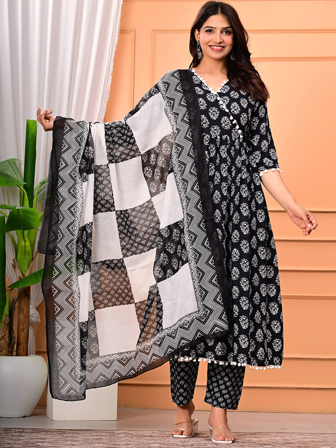 Nyasha Floral Printed V-Neck Screen Anarkali Kurta With Trousers & Dupatta