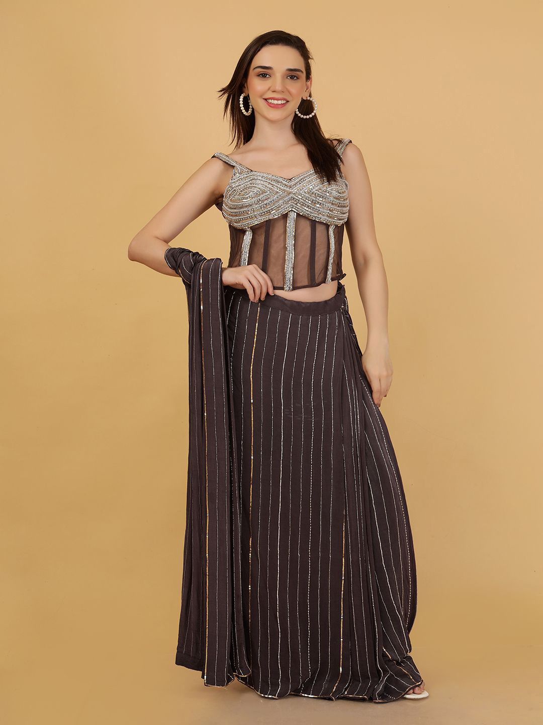 MILU MADAN Striped Sequinned Embellished Pure Crepe Heavy Work Ready to Wear Saree