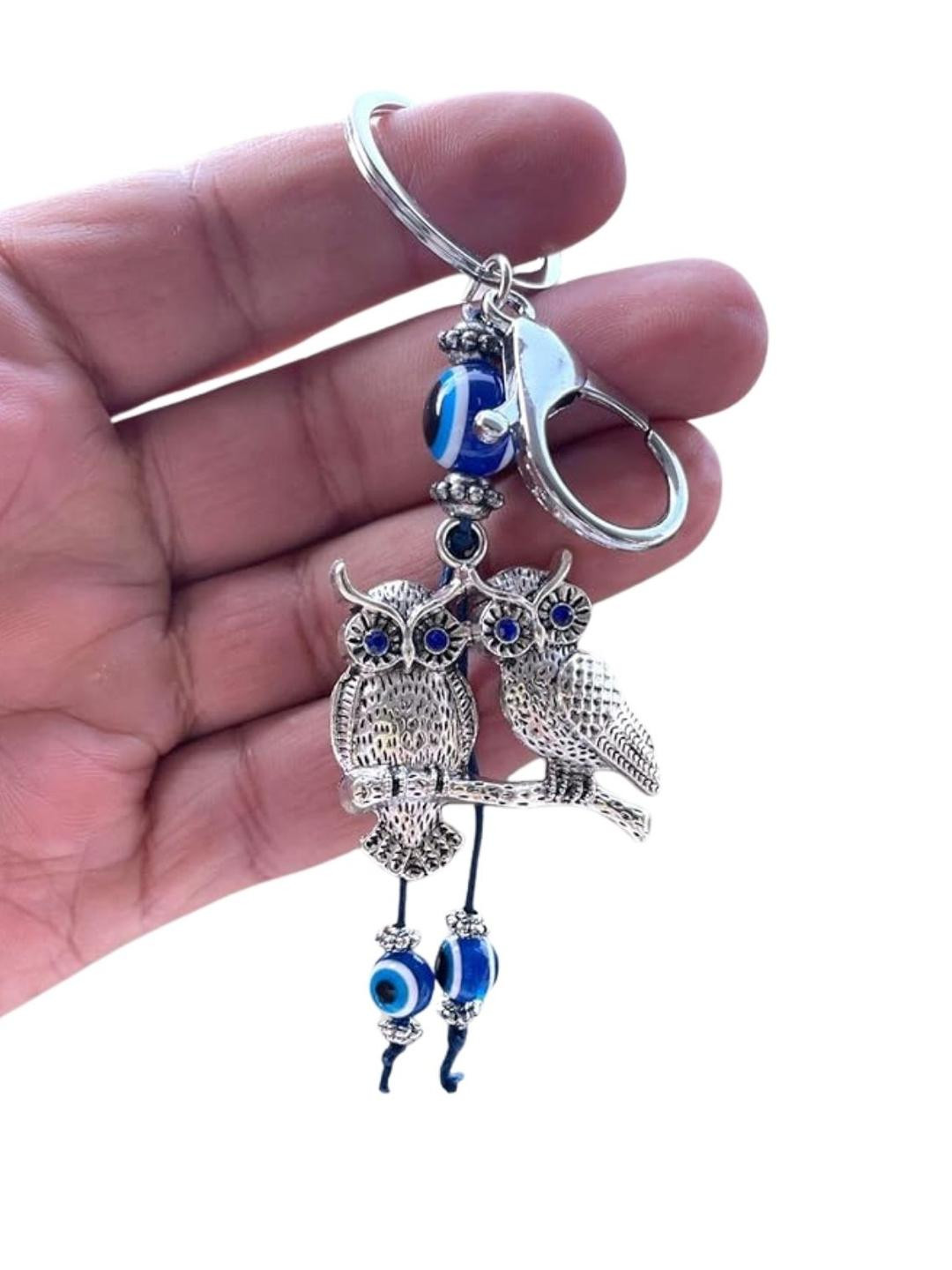 BLUE BEADS Silver Color Double Owl With Evil Eye Keychain