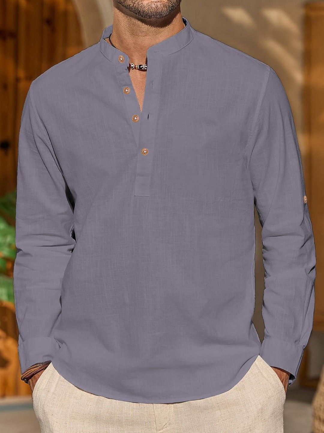 Yugnik Mandarin Collar Full Sleeve Cotton Slim Fit Short Kurta