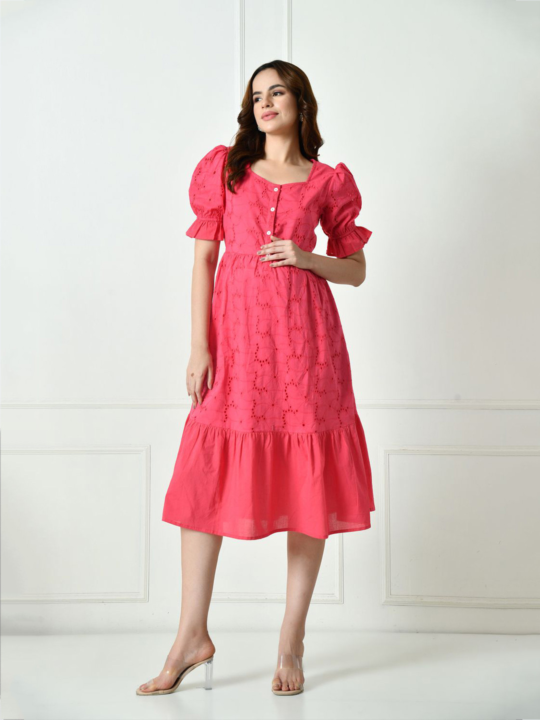 Aaruvi Ruchi Verma ink Schiffli Embroidered Cotton Maternity Fit and Flare Dress