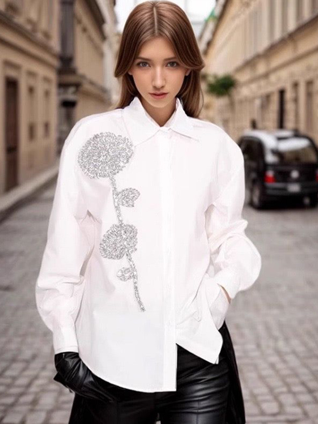 Miss Mosa By Akanksha  White Bjorn Embellished Oversized Shirt