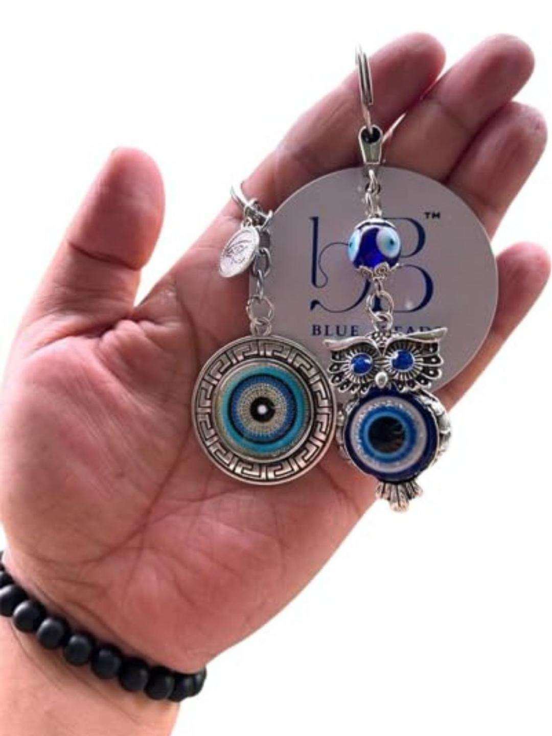 BLUE BEADS Silver and Blue Color Evil Eye and Owl Keychain
