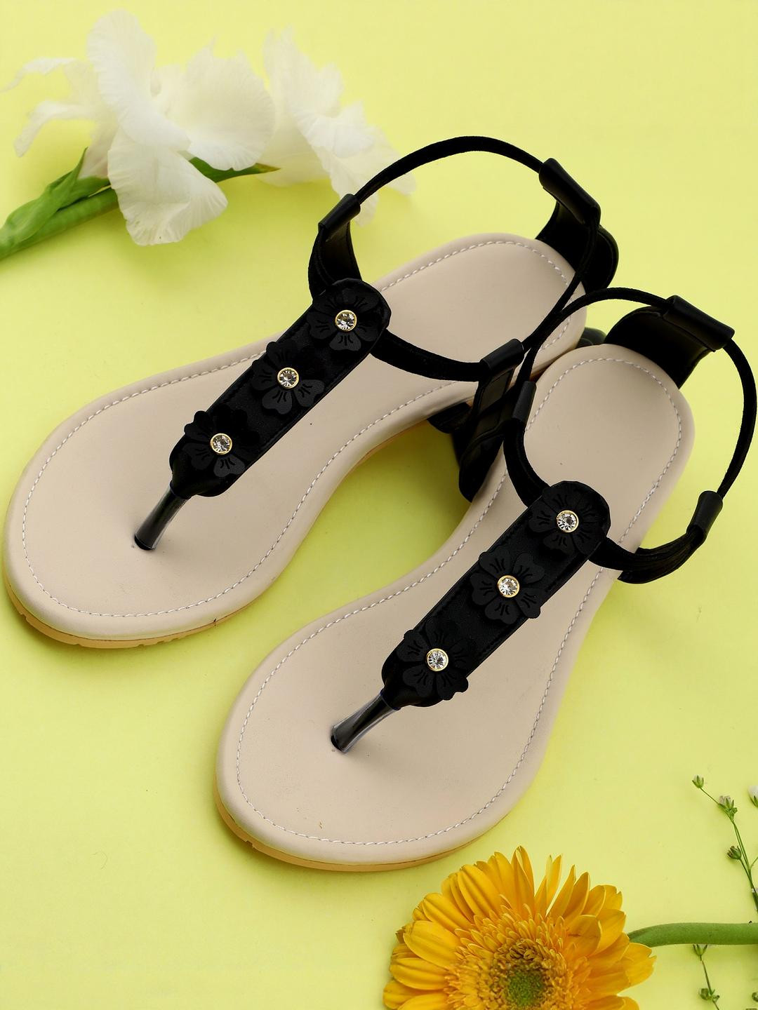 citaali Women Black Synthetic Leather Comfort T-Strap Flats