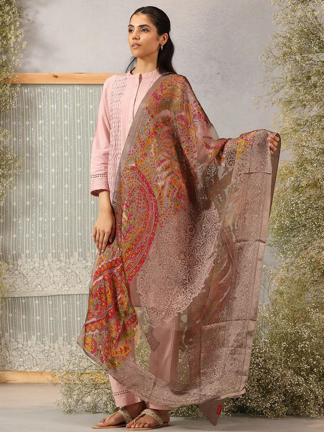 Lakshita Women Grey Printed Organza Brasso Dupatta