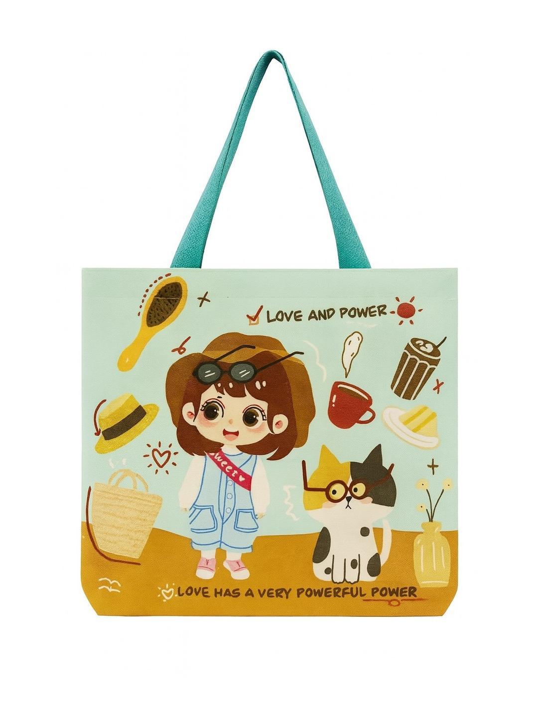 HSR Women Mint-Green Graphic Printed Zipper Closure Canvas Tote Bag