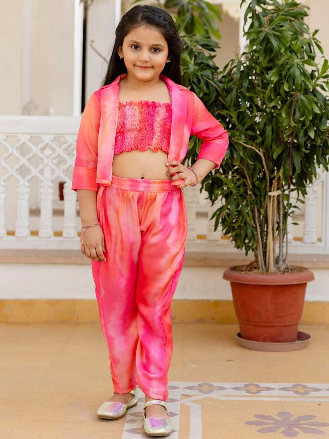 Sangria Girls Dyed Pure Cotton Top With Trousers With Jacket
