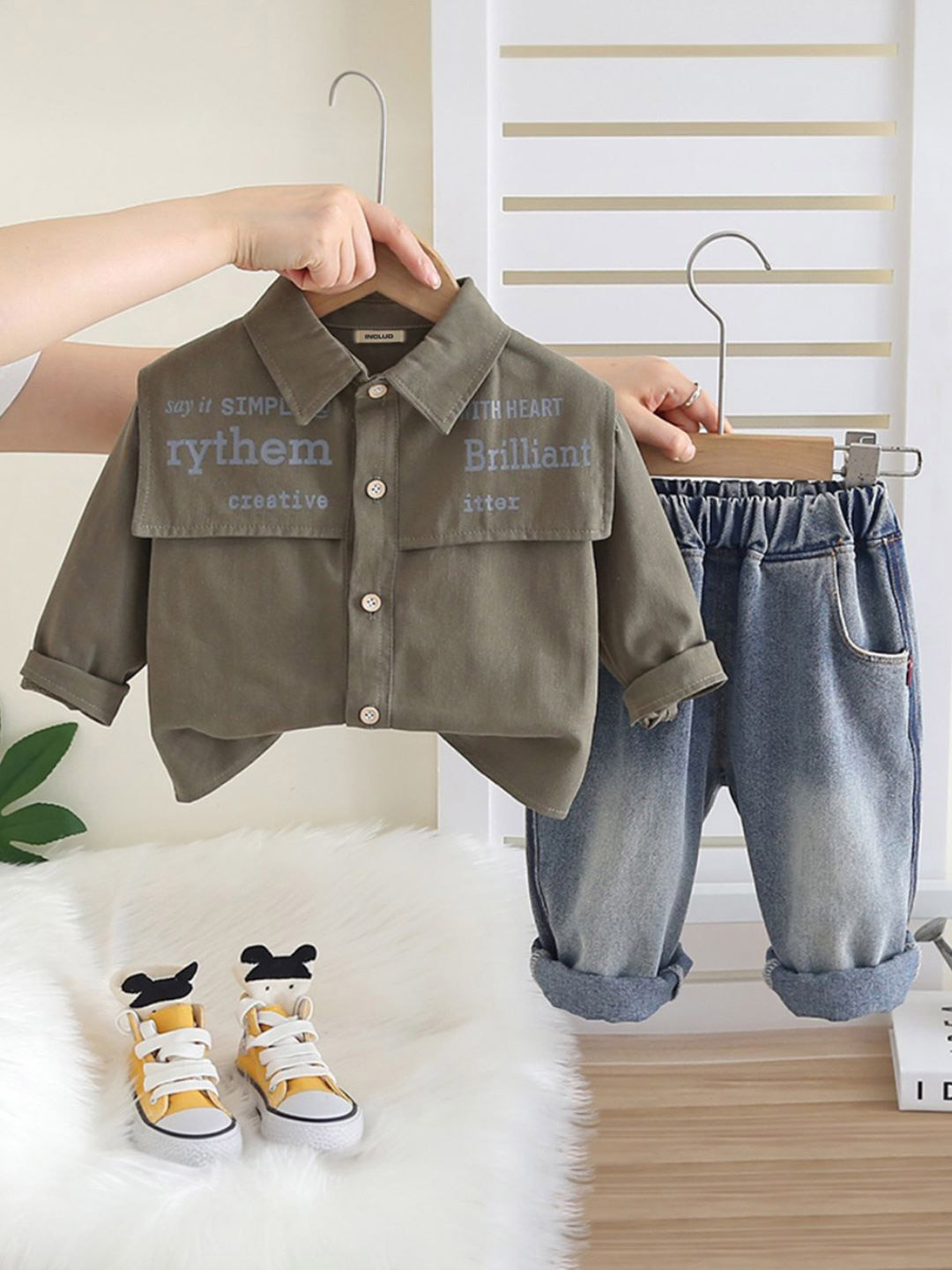 INCLUD Boys Typographic Printed Shirt With Denim Pants