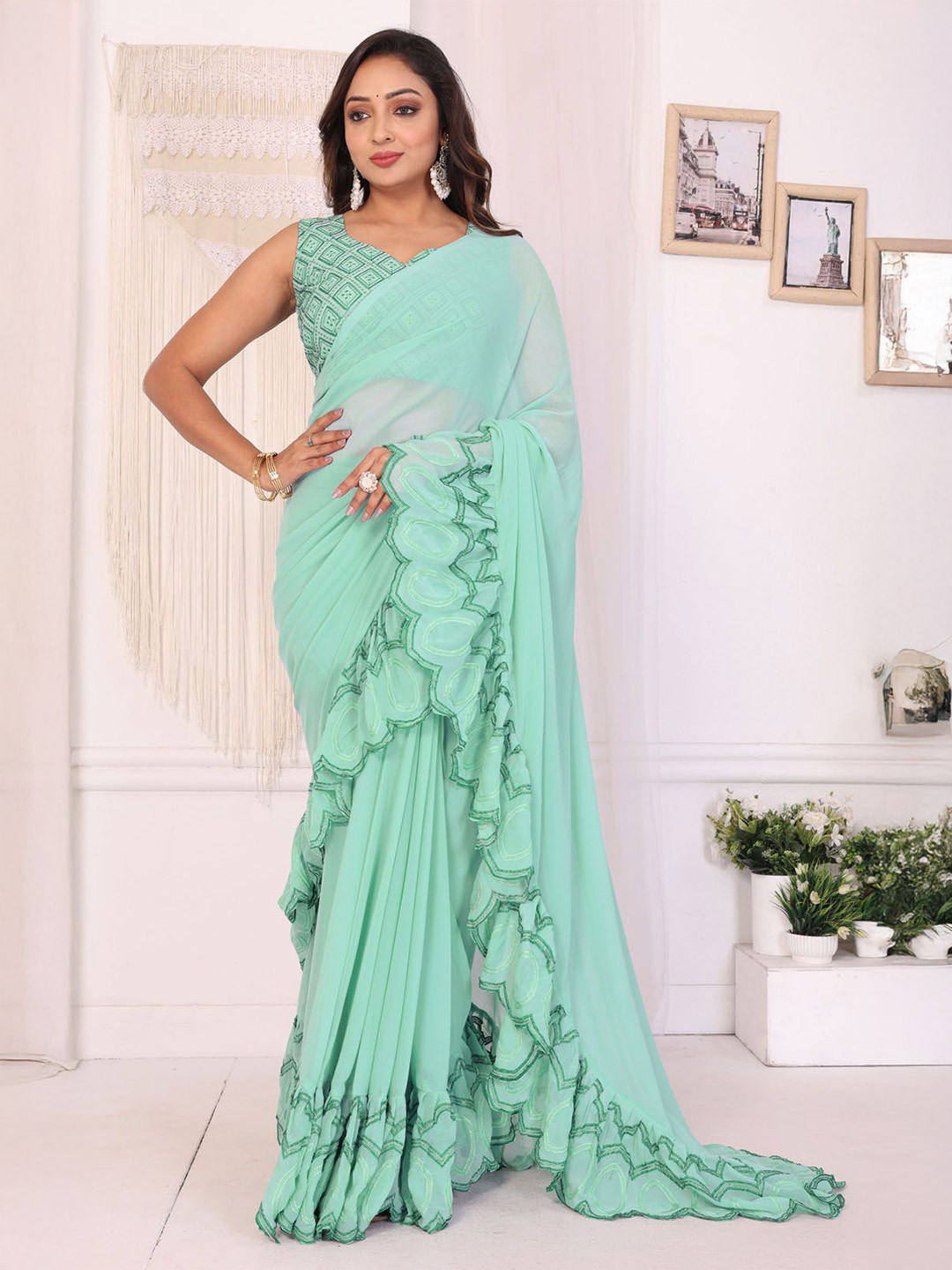 PATLANI STYLE Pure Georgette Embroidery Ready to Wear Ruffled Saree