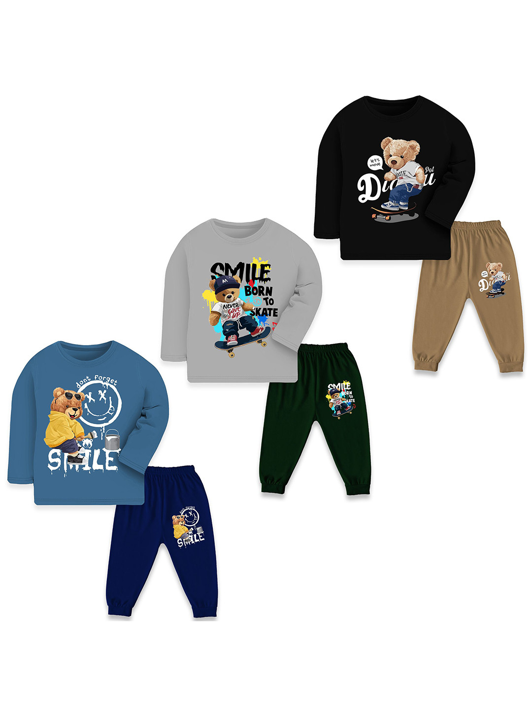 YK Kids Pack Of 3 Graphic Printed Long Sleeves T-shirts With Joggers