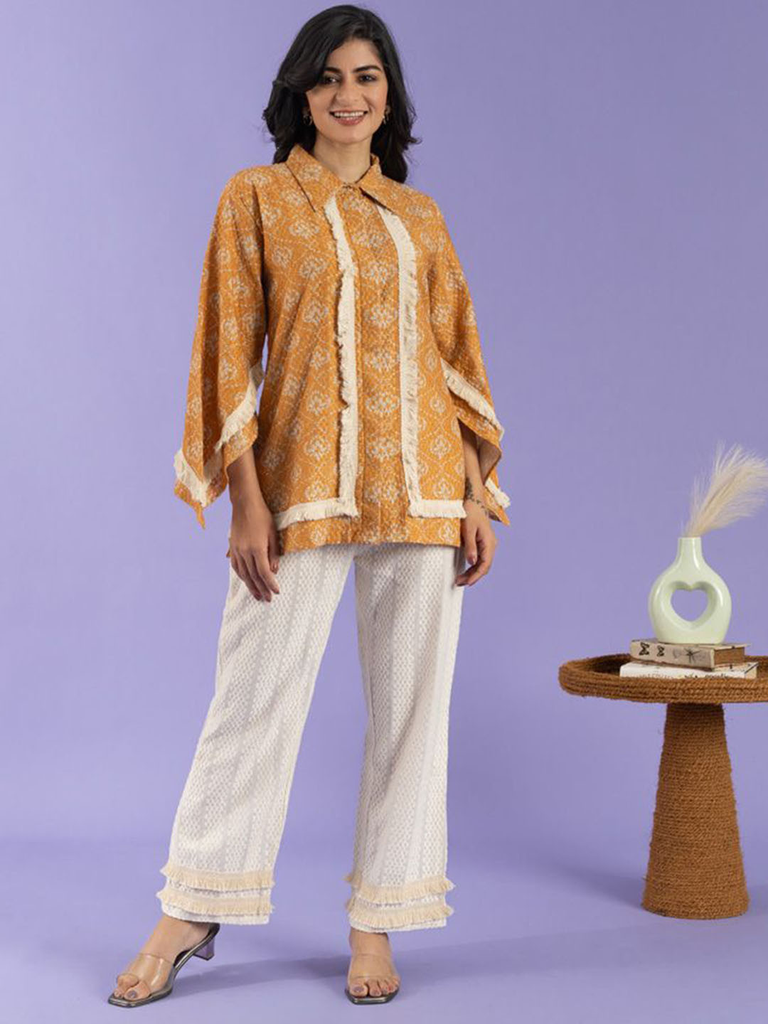 ZNKL Yellow Floral Diamond Print Party Wear