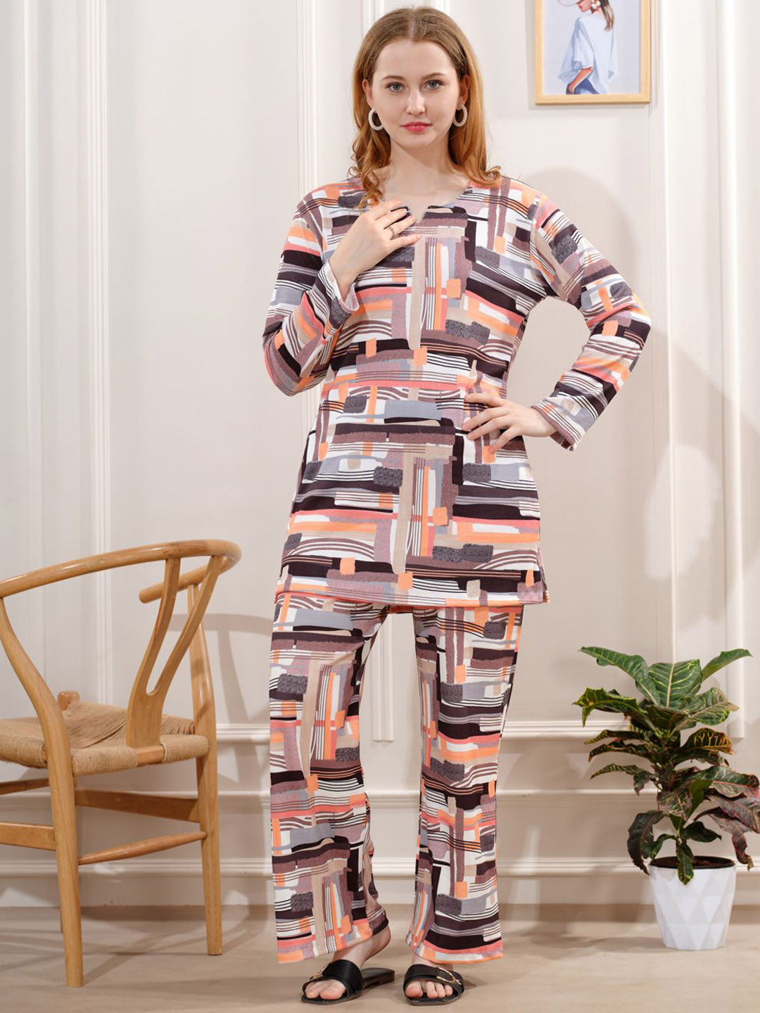 NIGHT FLOSS Printed Notch-Neck Chanderi Silk Tunic With Trousers