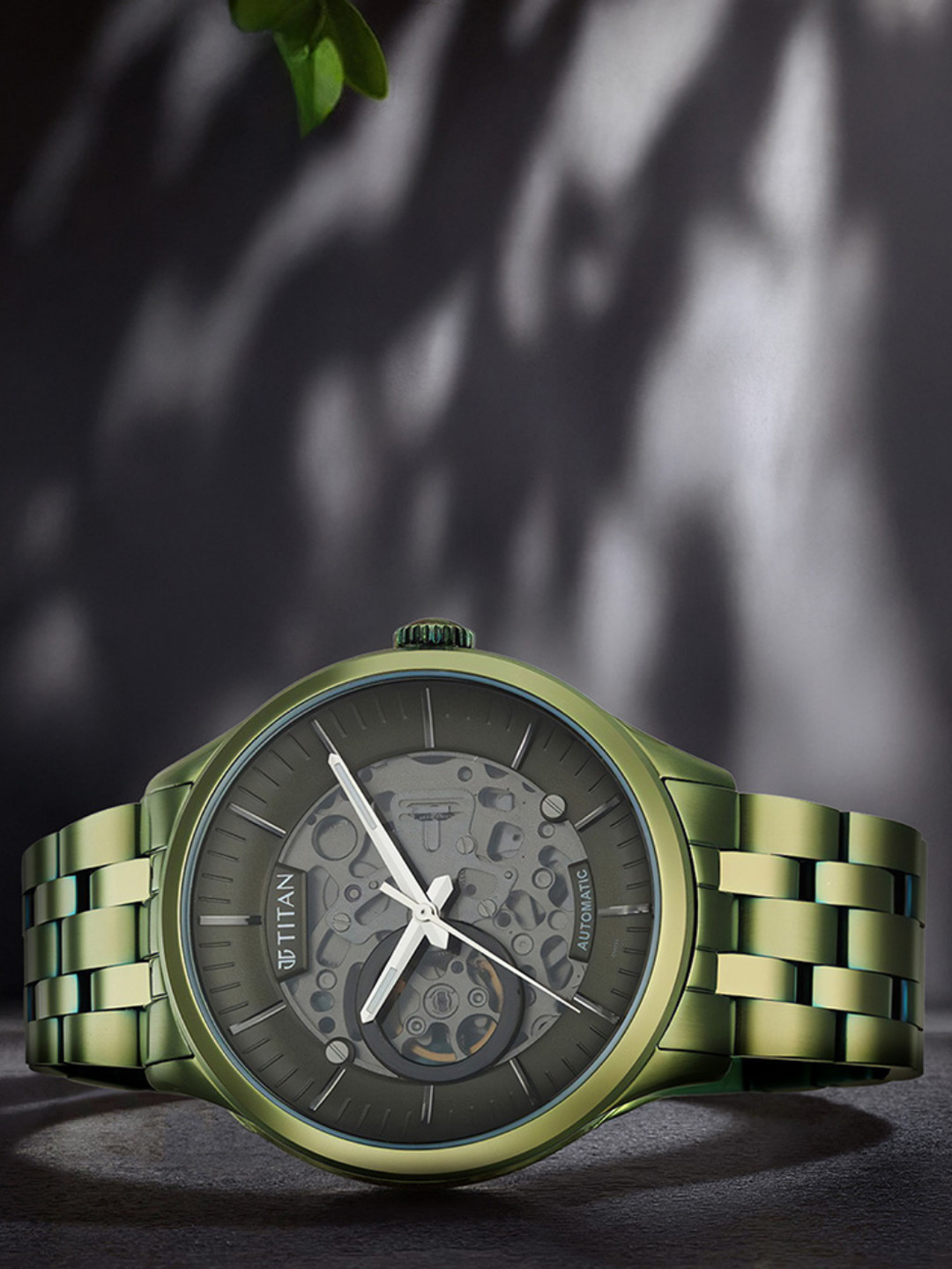 Titan Men Green Skeleton Dial & Green Stainless Steel Bracelet Style Straps Analogue Watch