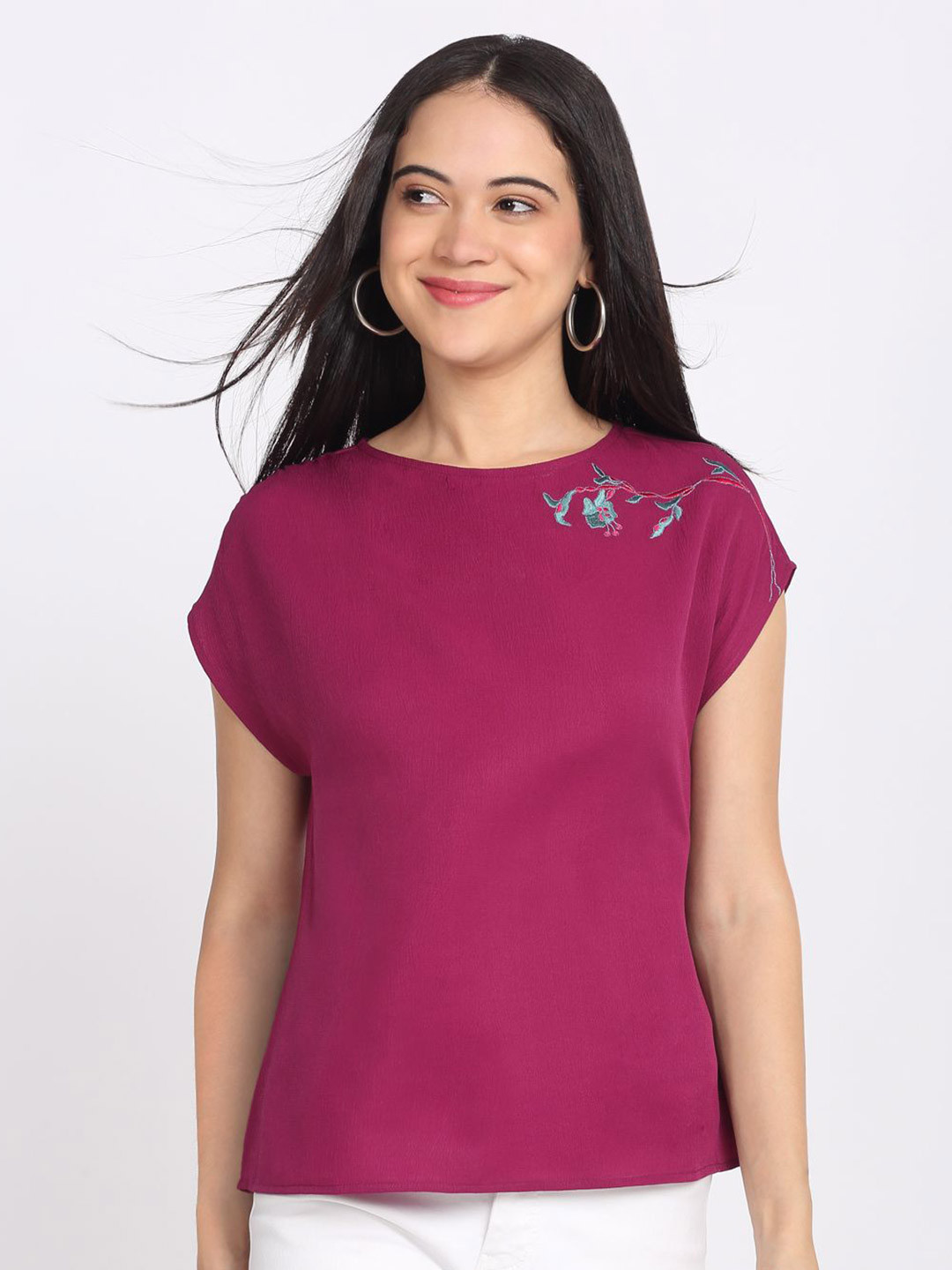 SHAYE Women Purple Boat Neck Embroidered Short Sleeves Casual Top