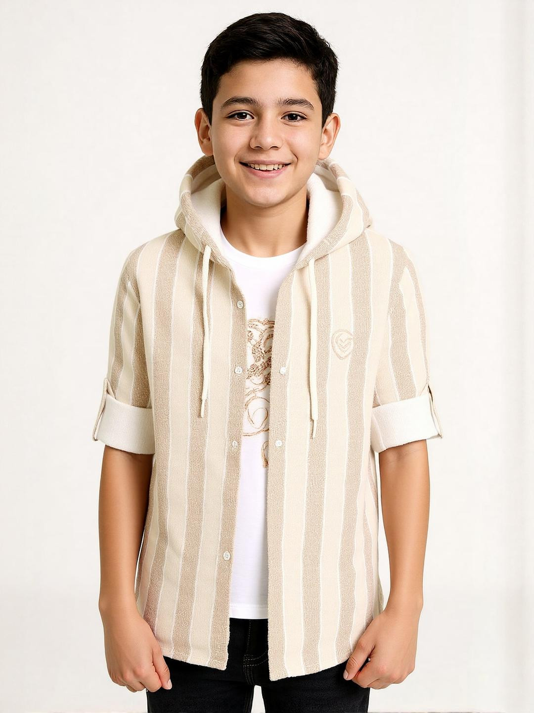 CAVIO Boys Multi Striped Hooded Shirt & White T-Shirt Set