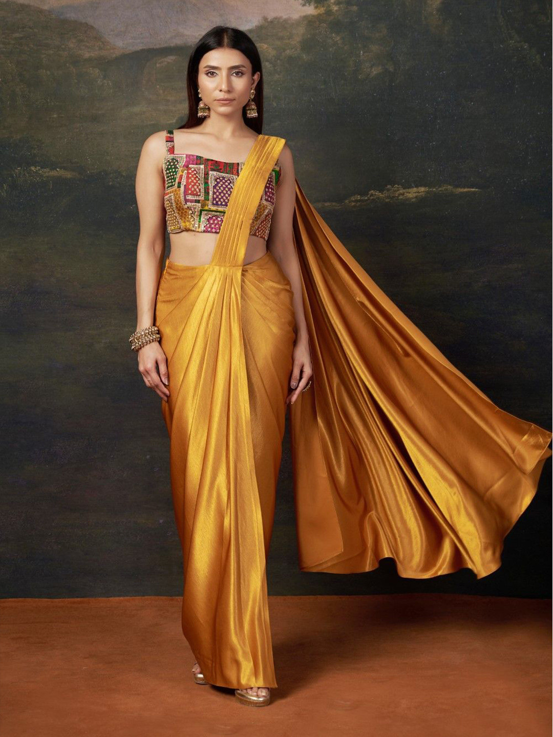 THETAA Women Hand Embroidered Pre-Draped liquid Saree