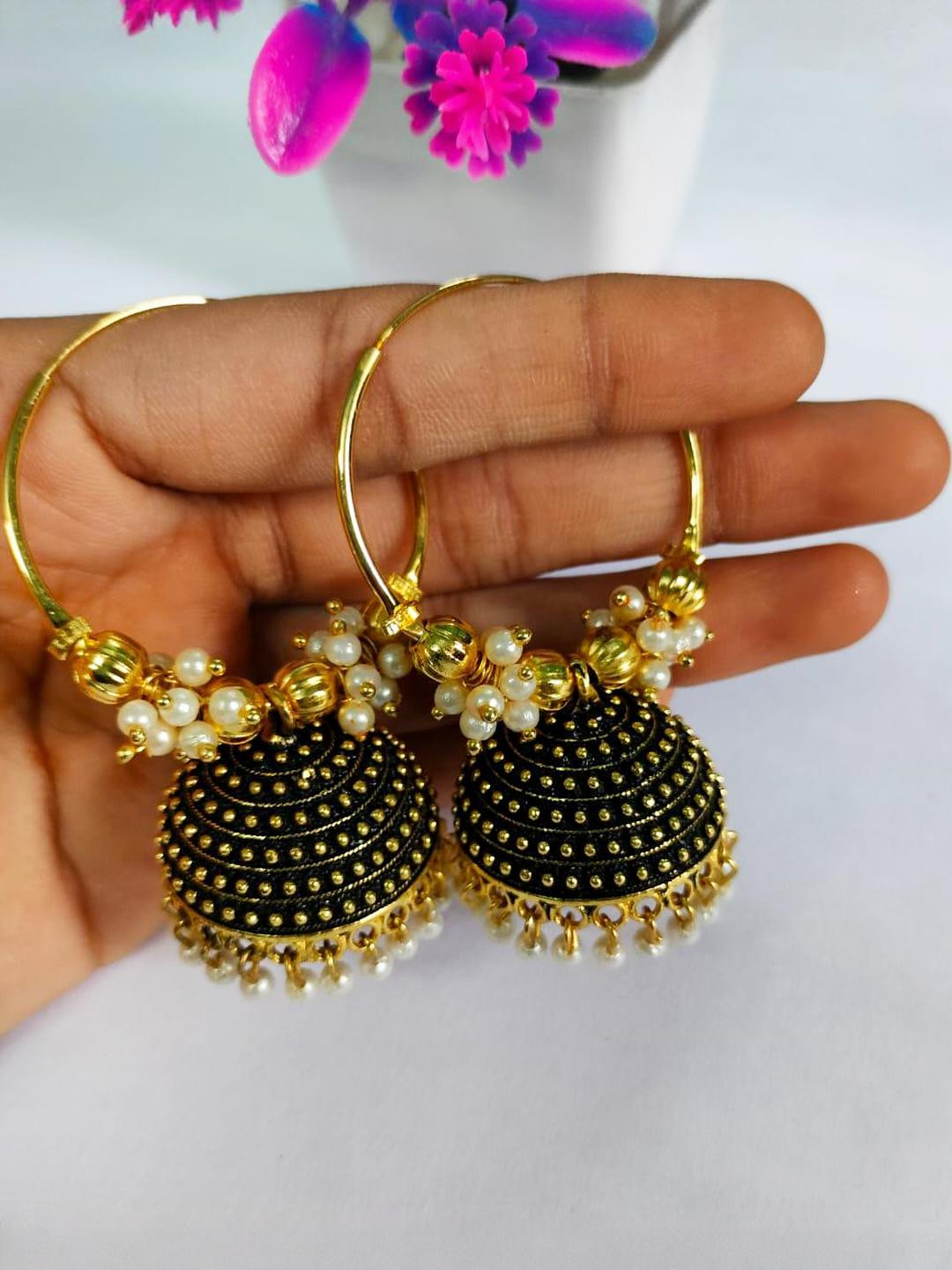 Grace Collections Women Gold Plated Black Jhumka Earrings