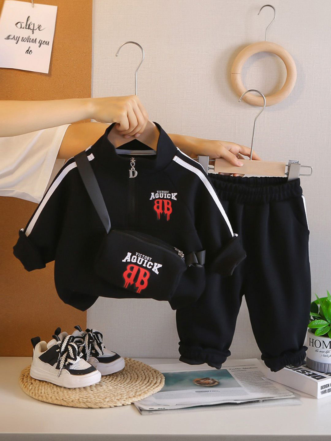 INCLUD Infant Boys Typographic Printed High Neck Sweatshirt With Sling Bag and Pants