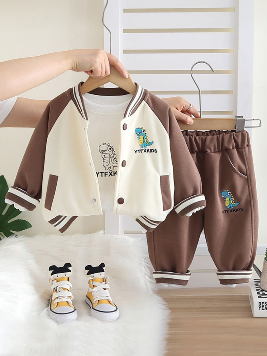INCLUD Infant Boys Dinosaur Printed High Neck Jacket With T-Shirt and Pants