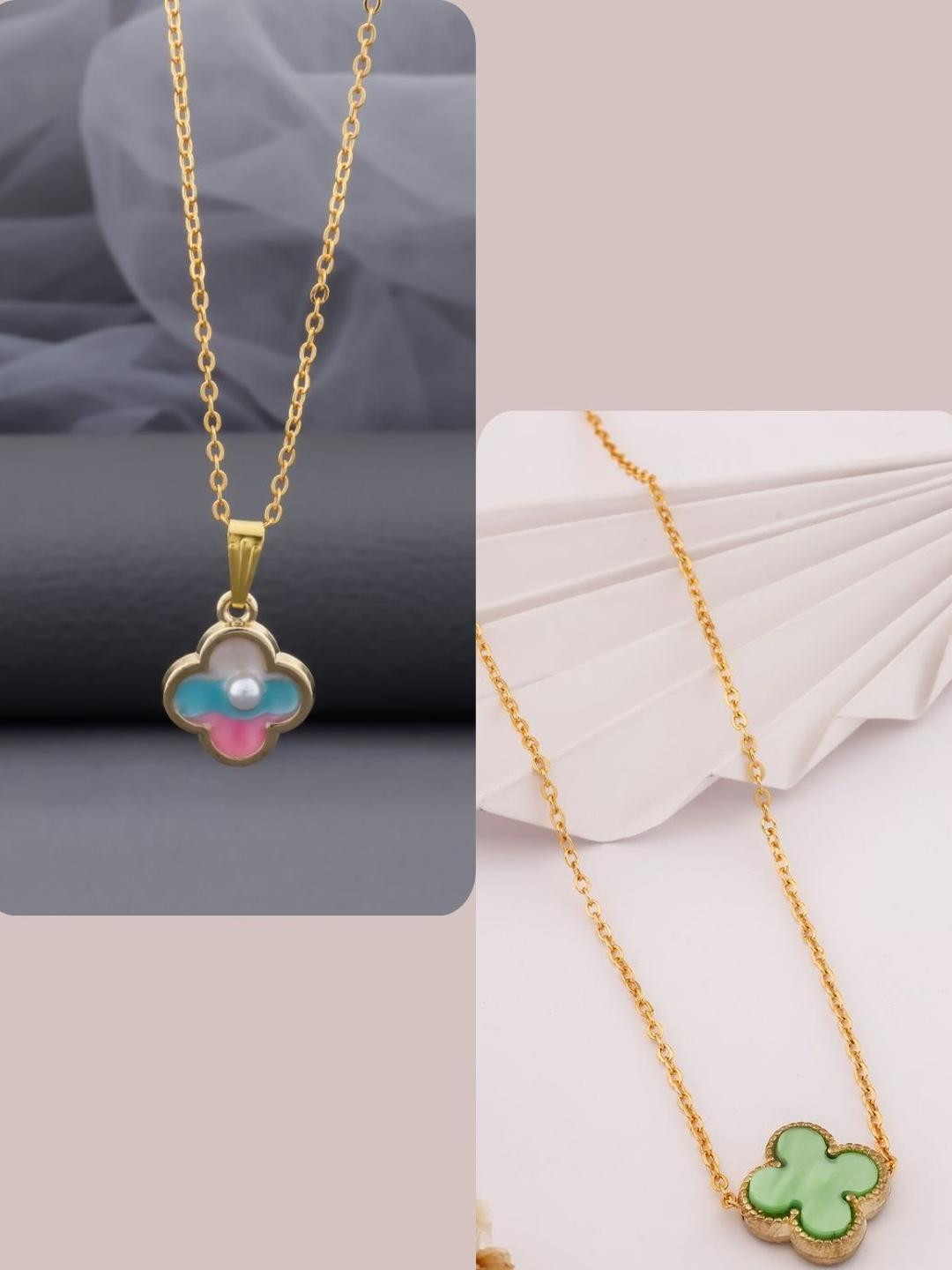 DressBerry Women Set Of 2 Pink & Green Brass Gold-Plated Clove Leaf Charm Chains