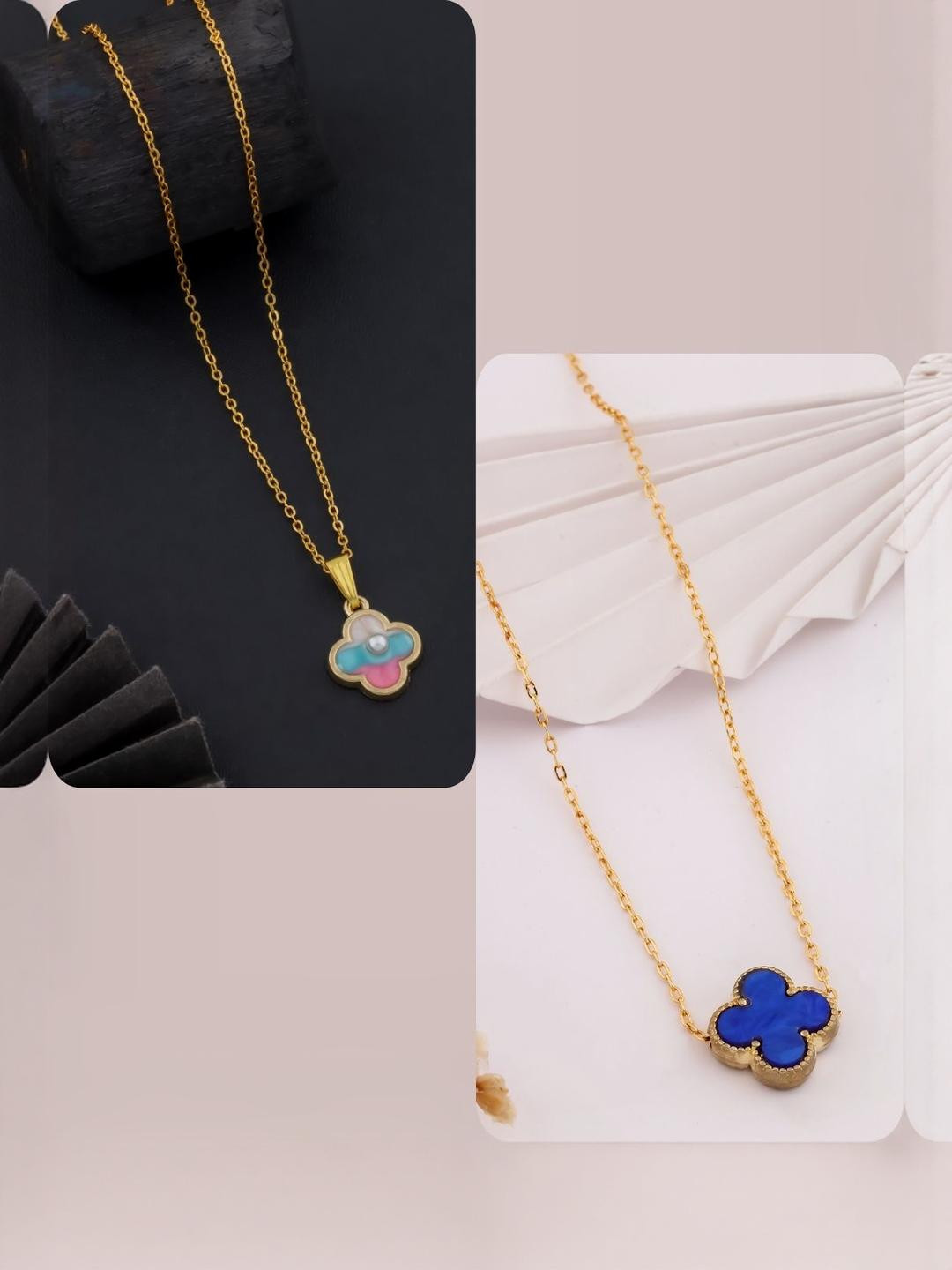 DressBerry Women Set Of 2 Pink & Blue Brass Gold-Plated Clove Leaf Charm Chains