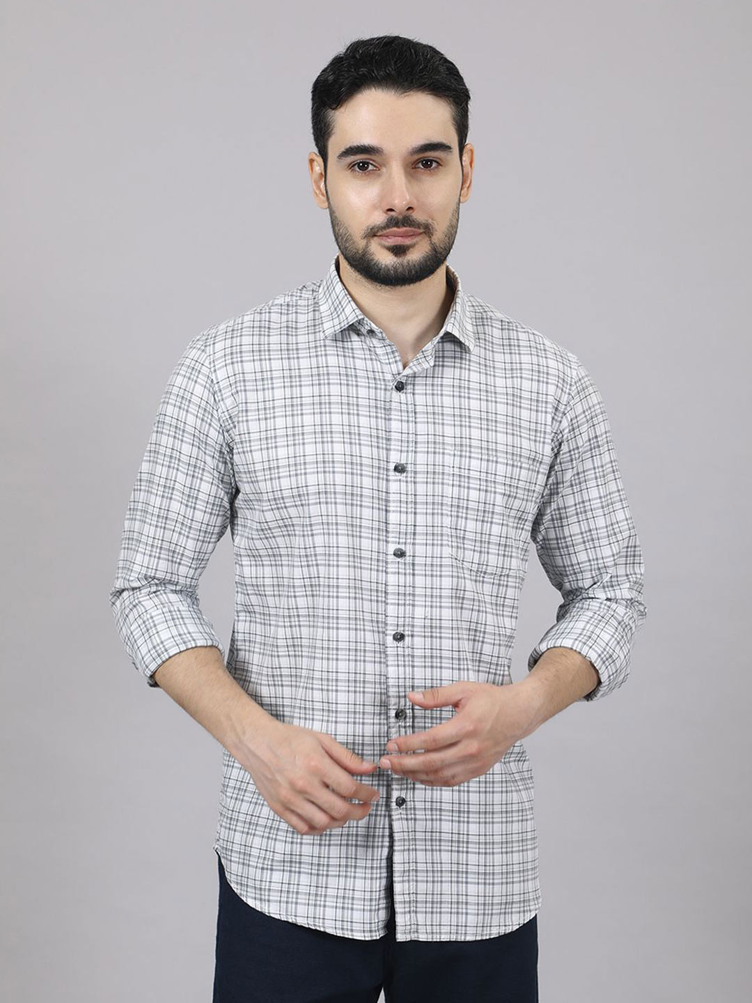 KOMPANION Tartan Checks Checked Spread Collar Roll-Up Sleeves Cotton Shirt
