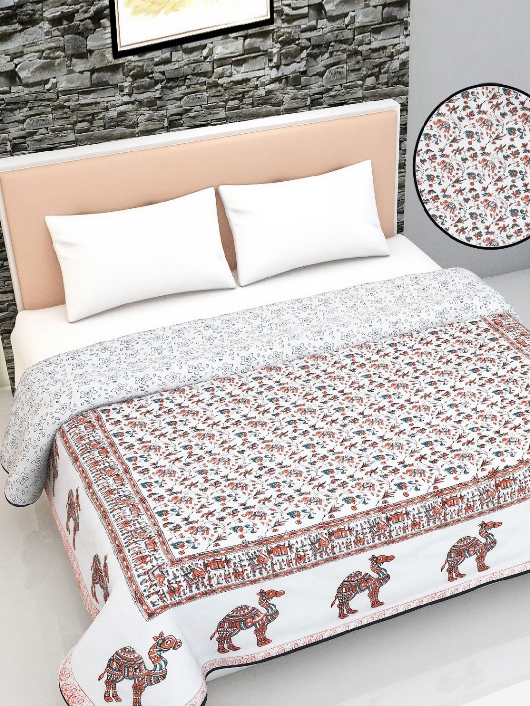 Jaipur Dohar Orange & Beige Floral Printed AC Room 150 GSM Pure Cotton Double Bed Dohar