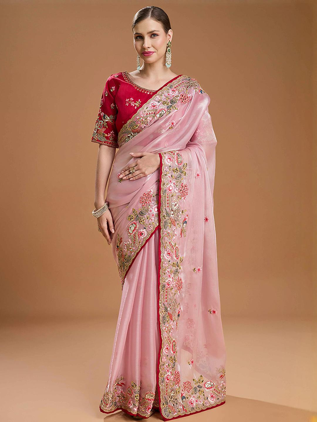 Peachmode Peach Organza Embroidered Saree