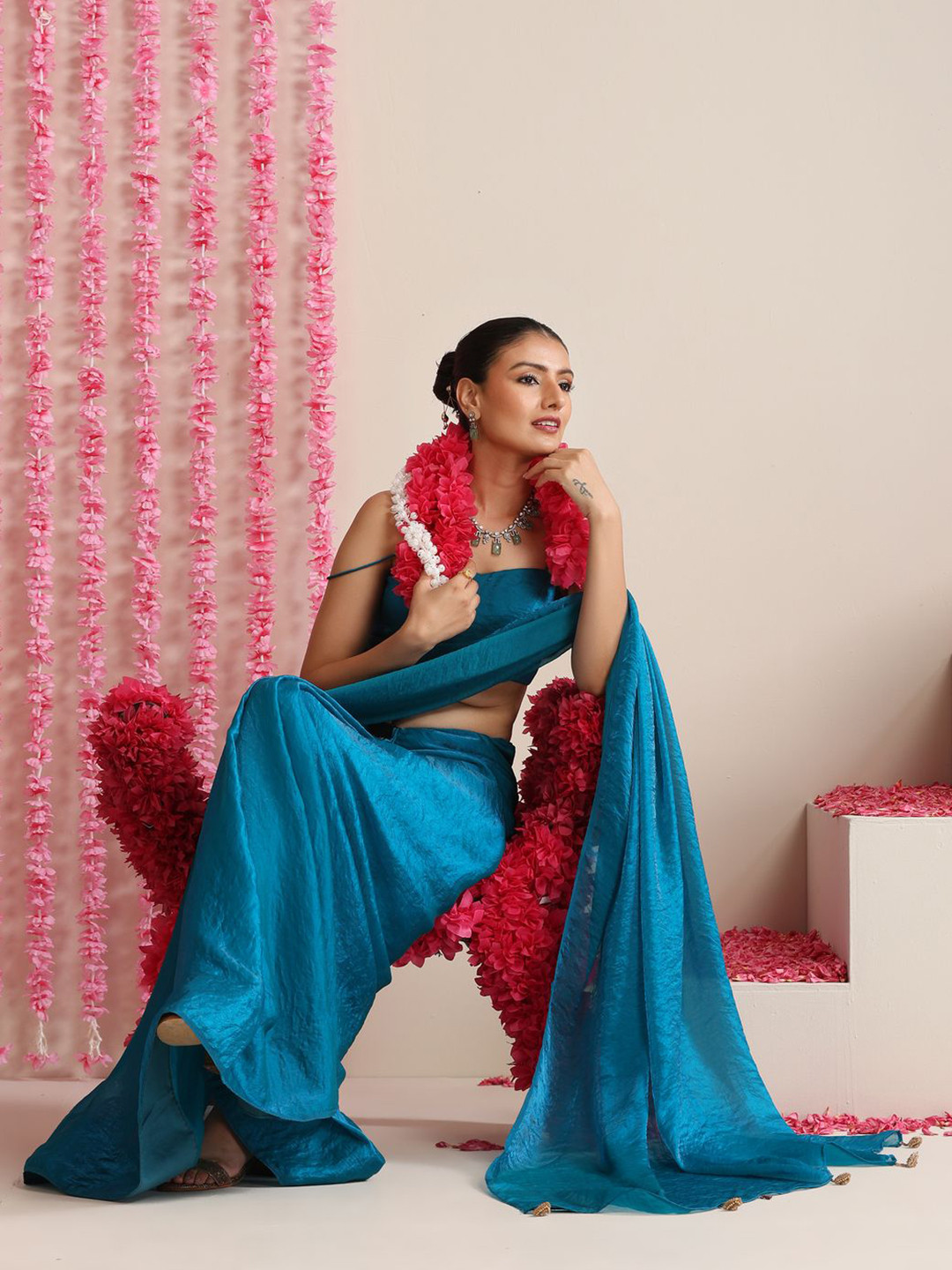 Swtantra Topaz Blue Dual Shade Metallic Satin Saree with Tassels & Matching Blouse Fabric