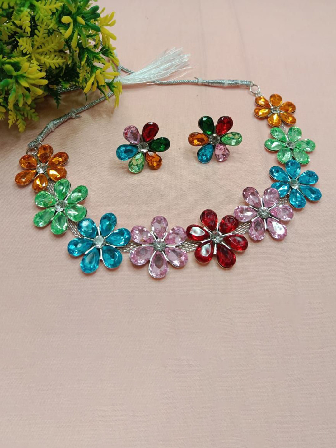 AL ADAM FASHION Sliver -Plated Stone-Studded Jewellery Set