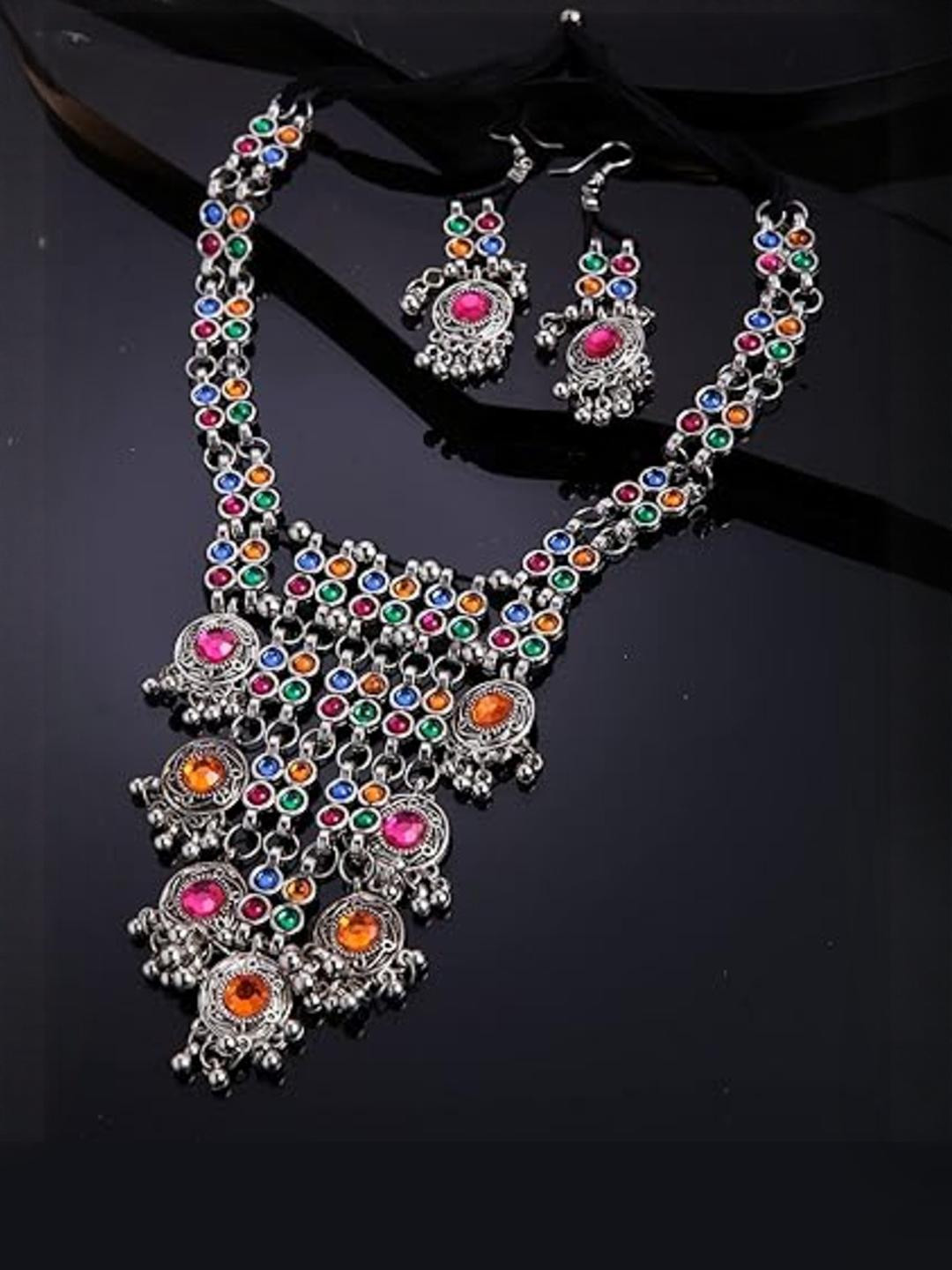 BMINO Women Traditional Oxidized Silver-Plated Artificial Stones and Beads Jewellery Set