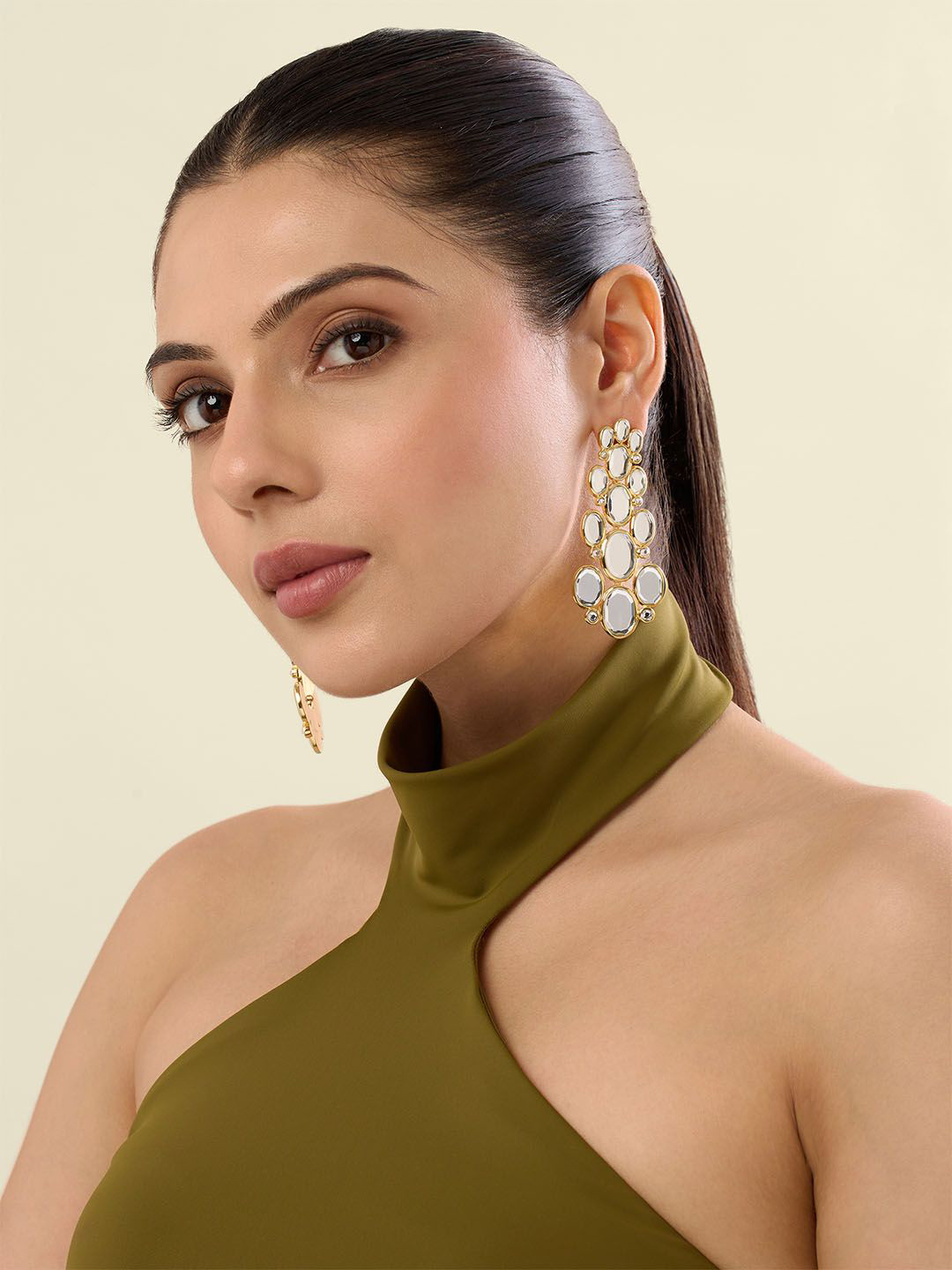 Isharya 18Kt Gold Plated Limelight Oval Mirror Long Drop Earrings