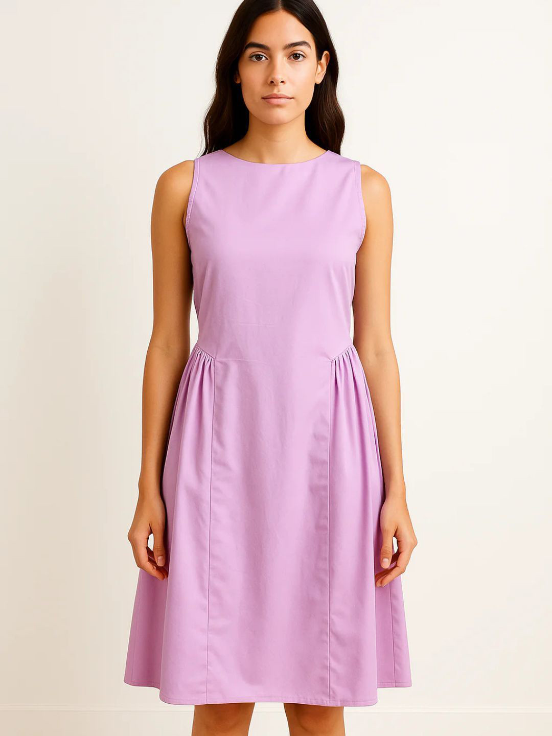 Branche Women Cotton Round Neck Pleated Detail Fit & Flare Mini Dress