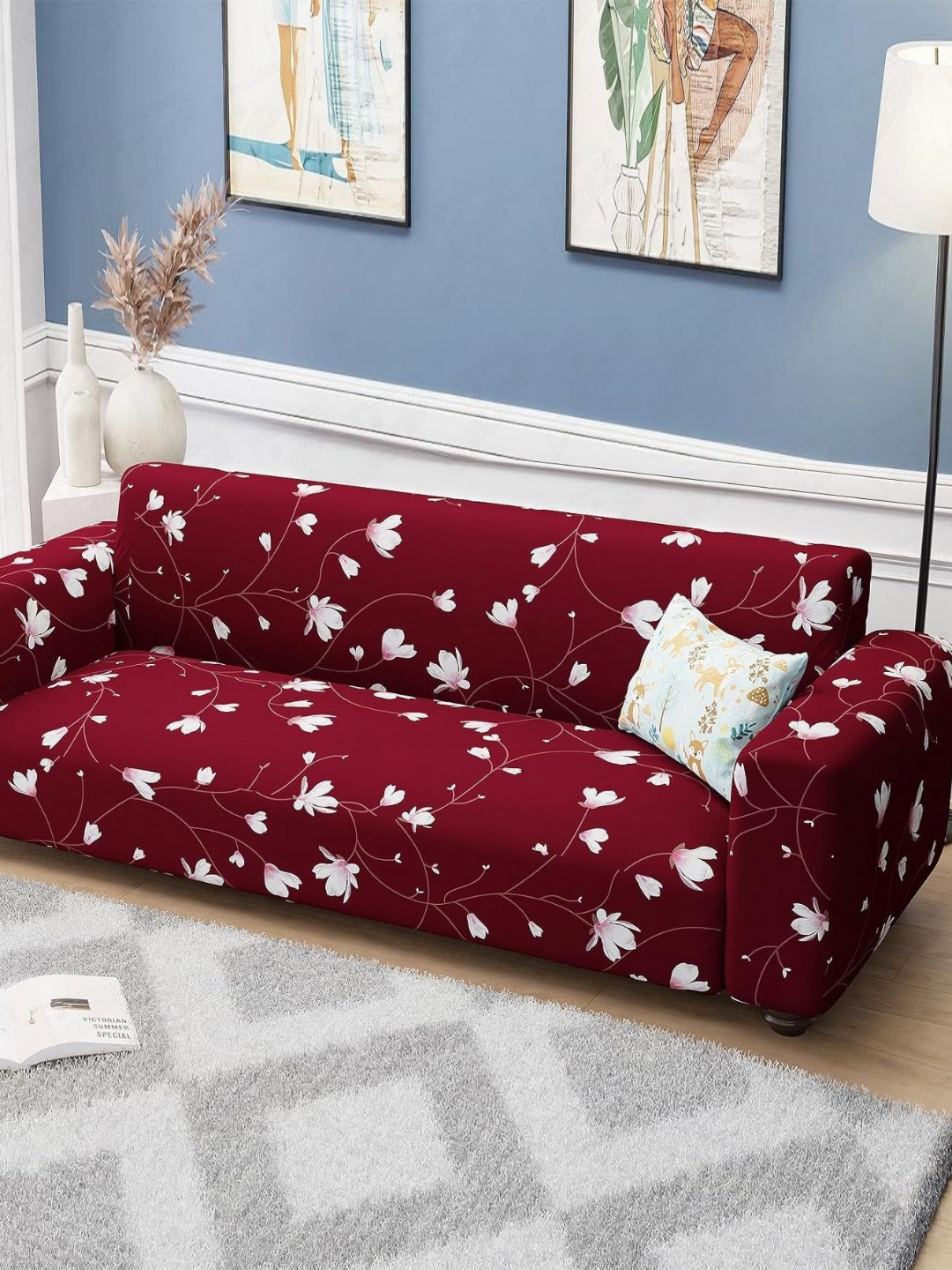 Myntra Elegant Homes Red & White Leaf Printed Corner 3 Seater Sofa Cover