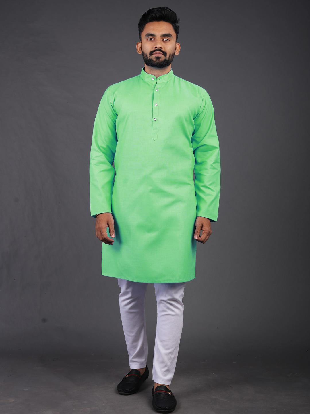 Enmozz Men Green Blended Kurtas