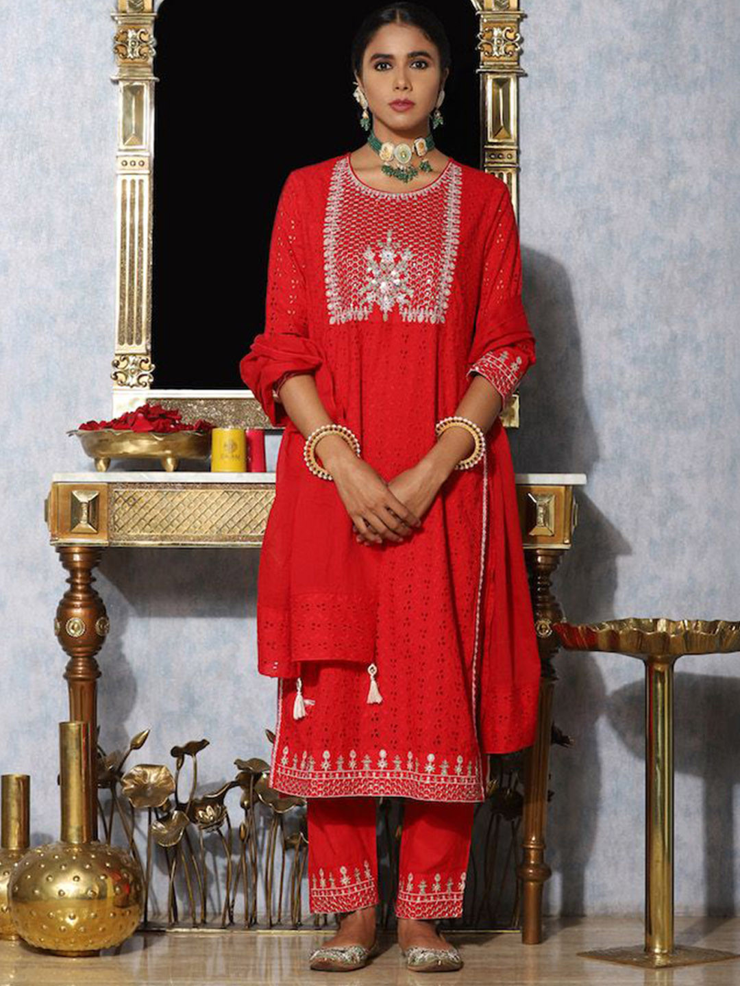 Raeth Apparels Floral Yoke Design Schiffli Thread Work Kurta With Trouser And Dupatta