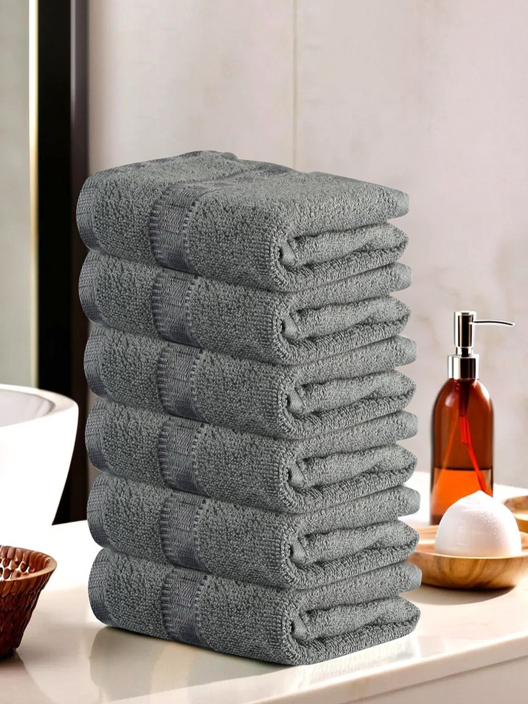 Aura 6 Pieces Grey Cotton 150 GSM Anti-Bacterial Face Towels
