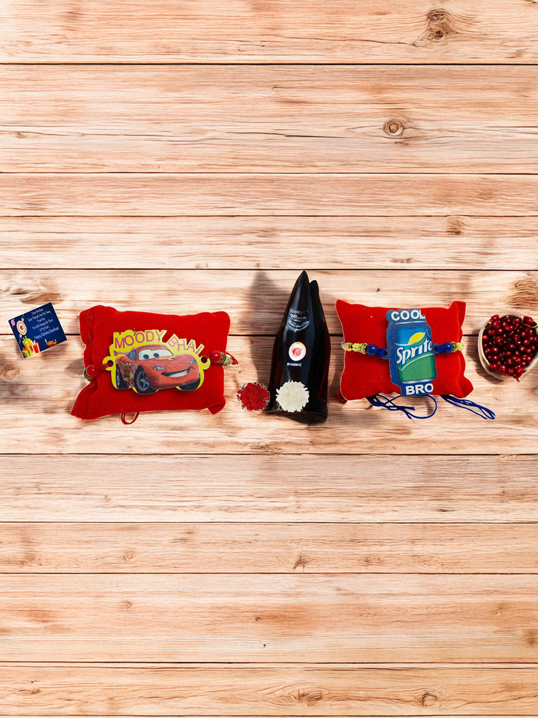 Liten macqueen n Sprite Wood Rakhi  Greeting card n Roli